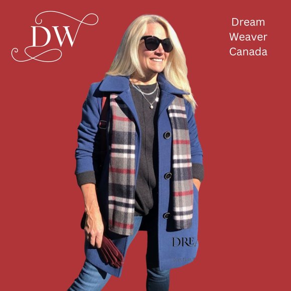 Blue Pea Coat with Plaid Scarf - Picture 2 of 10